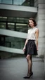 Placeholder: beautiful anorexic secretary, total shot, short satin skirt, nylons, short brunette wavy bob hair, blurred concrete background