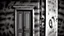 Placeholder: unhinged door, anime, monochrome, black background, ink, simple, maximum quality, broken hinge, barely functioning, why is it still being used it's a health hazard