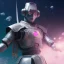 Placeholder: A portrait of a crystalised robot samurai with yakuza tatu, atmospheric, realistic, unreal engine cosmic galactic, cinematic lighting, octane render, transparent,bleu pink light, Horse tail, cristal goutte rose sur le front