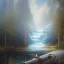 Placeholder: spray painted fantasy art, book illustration, sitting by a big log bonfire, in the background the stairs of a dam in the magical forest ,icy water