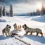 Placeholder: Create an image of sledge dogs that drag a sled in the snowy expanses of Alaska on which sit four Eskimo children dressed in white bear fur coats, the sled makes deep tracks in the snow, in the background of his circle in front of which stands an Eskimo hunter with a catch of fish, afternoon photo, outdoor photo, photo Realistic, 18K, wide lens