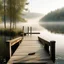 Placeholder: Generate a serene lakeside scene with a wooden dock stretching out into the water. Include a rowboat with oars resting beside it and a peaceful mist rising from the lake."