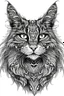 Placeholder: A hyper-realistic Maine coon drawn in black and white using lines that look tribal