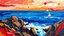 Placeholder: painting, impressionist style, vibrant colors, rocky cliffs, deep blue ocean, white sailboat, red and orange hues, dynamic brush strokes, waves, distant horizon, serene, scenic, landscape, expressive, abstract, nature, seascape, artistic, textured, bold, imaginative