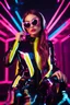 Placeholder: super model pretty girl ,fashion style,latex suit,headphone with sunglasses colorsfull ,background neon light