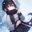 Placeholder: Clear focus, high resolution, Mihoyo Studio, Short crossed bangs, medium length back hair, snow in the background, small breast, black sparkling eyes, 1girl, wearing a medium length palleted skirt, scarf around neck, details on clothing design