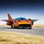 Placeholder: award winning car and driver photograph of a horsefly fighter-jet genetic-splice designed by only one vehicle per image painted metallic orange traveling at a high rate of speed, jet intake off of front center of vehicle and jet exhaust out the rear with bright blue flames painted on the hood and front quarter panels, bilaterally symetrical, more a high speed road vehicle