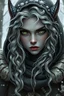 Placeholder: dnd drow elf girl with gray skin, long silver curly hair and green eyes in winter clothes with hood with serious face and sharp features