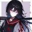 Placeholder: Clear focus, High resolution, rough line sketch art, long black hair, hair between eyes, fluffy hair, purple eyes, wearing a black and red sailor uniform, dark aura, mad, holding katana, bloody mess, glowing eye, looking down on viewer