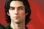 Placeholder: a young male with shoulder length black hair and green eyes, smirk