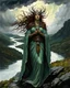 Placeholder: create a wildly imaginative, close up, full body portrait painting of an ethereal, otherworldly, shapeshifting Druid priestess with highly detailed hair and facial features ,under an ominous, threatening sky, overlooking a winding river valley, in the art style of Howard Pyle and N.C. Wyeth ,highly detailed , finely drawn, colored and inked, suffused with dramatic natural light and shadow, in vibrant natural color