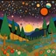 Placeholder: Colourful, peaceful, Max Ernst, Gustav Klimt, René Magritte, night sky filled with planets and stars, trees, rocks, flowers, one-line drawing, sharp focus, 8k, 3d, intricate, ornate