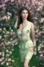 Placeholder: full body shot of very nice real face beautiful sexy roman with make up standing in garden of Pomegranate and pear trees blossom, The almond trees wither, It's spring and it's summer, spring with green plants covering ground.