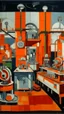 Placeholder: An orange factory with hammer machines painted by Pablo Picasso