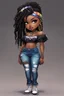 Placeholder: create a colorful abstract comic book art image 8k of a chibi curvy black female wearing torn jeans pants with fringe on the side and a black-tie dye off the shoulder blouse. Prominent make up with hazel eyes. Highly detailed long Senegalese twist in a hair wrap