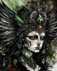 Placeholder: Black gothica angel portrait Beautiful watercolour árt mealic filigree winged angel decadent black watercolour with red ans green and beige headress covered with mossy dust and rust patina ivory quilling embossed watercolour headdress covered witht mineral Stones black white voidcore shamanism rblack and green ink watercolour árt painting style venetian rococo paper palimpsest quilling wooden filigree ink splash angel gothica woman portrait wearing floral black gothic tqttooed girl ange