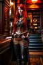 Placeholder: full body and headshot of a skinny Cleopatra, with long straight red hair, dressed as an assassin standing in a steampunk setting.