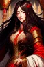 Placeholder: woman with long brown hair and red eyes, medieval concubine, anime style, highly detailed, intricate background, red and black clothes, confident, arrogant