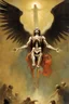 Placeholder: Detailed illustration of the arc angel lucifer as an omnipotent angel, descending from heaven, part angel , part skeleton by Zdzislaw Beksinsk, frank frazetta)), ((Ashley Wood)), Dan panter, ((Bill Sienkiewicz)), davidlozeau, Nicolas bruno, ((max Ernst)), offset noise, unreal engine, fantasy art, chiaroscuro lighting, horror sci-fi, album cover art, gothic avant garde, futuristic hi-fi, analog horror aesthetic, holographic haptic art, metaphysical art, religious folklore, dark gothic horror vibe