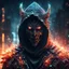 Placeholder: post-apocalyptic hooded demon knight covered with glowing crystals, fire particles in air, destroyed city, night, bright colors, glowing sparkle particles, dark tone, sharp focus, high contrast, 8k, incredible depth, depth of field, dramatic lighting, beautifully intricate details, clean environment, epic dynamic scene