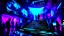 Placeholder: A digital painting with neon colors and abstract shapes Down the ramp in the tunnel round and about above the bass of timeless tunes crackles the warmth of blues, showcasing a futuristic underground music club where holographic performers entertain the crowd