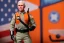 Placeholder: Plastic Mike pence G.i. Joe toy doll Space force uniform With accesories inside a blister packaging hanging on a Wallrack in toystore, fluorescent orange, toy guns, wide angle shot whole body, black moonboots, fullsize