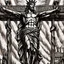 Placeholder: crucified on the cross christ liberty hybrid tone, american flag robes, line tone ,woodcut, engraved, wall street journal style, statue of cruicified Jesus of Liberty with a beard and wearing a cross and hanging from a cross, The statue male, hyperdetailed intricately detailed photoillustration ink drawing dystopian 8k resolution entire body of the statue is in the picture. digital illustration telephoto lens photography , same colors as the us treasury's one dollar bill, crucified"