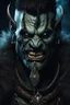 Placeholder: portrait of an orc king. Tusks emerging from bottom lip. Dark braided hair and ice blue eyes. smiling. Half of his head is shaved. wearing jewellery. Carrying a battleaxe. High resolution. 4K. 8K. Dark Fantasy style. Cave in the background