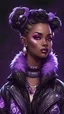 Placeholder: arcane tv show style, league of legends, solo, 1girl, attractive teenager, african, dark skin, dark-brown eyes, black hair, pair buns, (violet strand in forehead bang), bullet necklace, earrings, modern makeup, (detailed skin texture), black oversize puffy jacket with fur collar, black top with acid-violet abstract print, dark background, bokeh