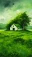 Placeholder: Painterly. Abstract. A cottage with a moss covered roof in a clearing. A willowy androgynous . Anomalous green cloud issuing forth from the heart. Simple yet majestic