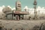 Placeholder: Gas station, overgrown apocalyptic city background,comic book,