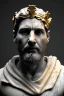 Placeholder: Ultra Realistic image, Roman sculpture, white marble material,Lionel Messi, gold crown of natural thorns, god crown, gold veins, gold ornaments, Renaissance style, sun rays background, waist up portrait, epic, celestial, cinematic lighting, God lights, 4k resolution, smooth details, soft lighting, unreal engine 5, art station, substance 3d.