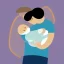 Placeholder: full view, flattened vector image icon of a man and woman holding a baby in a bundle, dark blue and light blue color palette, transparent background.