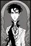 Placeholder: black haired young man necromancer wizard with gothic jewelry and tentacle fingers in the style of Aubrey Beardsley