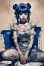 Placeholder: Poster in two gradually, a one side the Singer Melanie Martinez face, full body, sit pose, painting by Yoji Shinkawa, darkblue and sepia tones,sinister, detailed iridescent, metallic, translucent, dramatic lighting, hyper futuristic, digital art, shot with Sony Alpha a9 Il and Sony FE 200-600mm f/5.6-6.3 G OSS lens, natural light, hyper realistic photograph, ultra detailed -ar 3:2 -q 2 -s 750,malevolent goth vampire girl face and other side