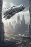 Placeholder: a photorealistic sleek silver spaceship flying over a futuristic ruined city