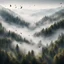 Placeholder: Hyper Realistic areal view of forest on mountains with thick fog with birds flying