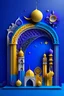 Placeholder: Create a 3D ramadan theme poster in purple, blue and yelow scheme with many islamic decorations on the edge of poster and a crescent on the top. Make sure the middle of the poster is blank