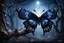 Placeholder: a dark gothic butterfly with stunning black velvet wings landing on an old tree's dry branch, around silver glitters, mystic mood, dark blue night, pale light, masterpeace illustration