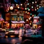 Placeholder: Close-up photograph of a diorama building, city, store, advertising, land-of-toys with detailed vintage toys made of cake-frosting and felt, strong texture, extreme detailed, movie shot, rich moody colors, sparkles, night, nightmare