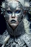 Placeholder: Beautiful faced young blond voidcore shamanism winter queen l woman, wearing silver goth punk metallic filigree floral face masque, ribbed with bioluminescense azurit stone adorned with winter vidcoreshamanis silver metallic diadem headress, wearing biomechanical amalgamation style leather jacket dress ribbed with silver floral metallic filigree biomechanical vantablack pattern, organic bio spinal ribbed detail of gothic winter snowy backround extremely detailed maximalist hyperrealistic portrai