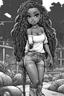 Placeholder: Create a black and white coloring page of a cartoon of a curvy African American chibi female wearing tight jeans and a off the shoulder blouse. She is also wearing timberland boots.. Highly detailed very long extremely braids of hair. Her skin is smooth and silky. Background of a track of ATV riders. No coloring, no shading, no grayscale,