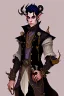 Placeholder: Young tiefling nobleman alchemist with black hair horns and large reptilian tail steampunk jewelry and potion bottles in the style of Charles Addams