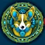 Placeholder: Blue and gold circle logo of a cute corgi dog made of circuit board pattern, fingerprint and neural network superimposed behind