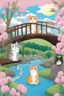 Placeholder: in the center: beautiful chunky cats dancing on a bridge , background: landscape, first plan: pink flowers and a small river with blue water, sky: black clouds