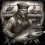 Placeholder: large pale Fishmonger with Sharkteeth and Tattoos dark art