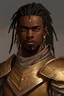Placeholder: 25 years old black man, golden color eyes, black short dreads, d&d cleric of sun, cleric of Lathander, wears lamellar plate armor, has various earrings on his ears, have off-white clothes under the armor
