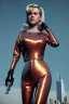 Placeholder: Ultra Realistic retro sci-fi portrait New York image from 1960, many spaceships, sweet young Jane Fonda, tight latex suit, weapon, fighting stance, soft color, highly detailed, unreal engine 5, ray tracing, RTX, lumen lighting, ultra detail, volumetric lighting, 3d, finely drawn, high definition, high resolution.