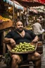 Placeholder: half figure photography of a burly chubby muscular strong 39-year-old arab in Istanbul bazaar, ajar mouth, shirtless, short beard, bald, selling fruits sitting on an old chair, big shoulders, bulge, manly chest, very hairy, side light, view from the ground