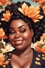 Placeholder: Create a comic book cartoon art style image of a plus size black female looking down with a smile on her face. Prominent makeup with hazel eyes. Highly detailed messy curly bun with a hair scarf tied on her head with large orange magnolia flowers surrounding her. 2k
